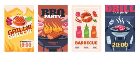 gril fête affiche. barbecue prospectus modèles avec équipement pour cuisine et grillé rôti Viande, Extérieur pique-nique ou barbecue un événement invitations. vecteur dessin animé ensemble