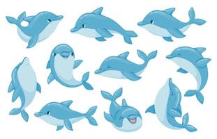 dauphin personnages. marrant dauphins sauter et nager pose. océanarium spectacle mascotte sous-marin animal. dessin animé goulot d'étranglement bébé dauphin vecteur ensemble