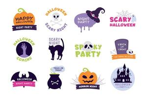 Halloween logo. tour ou traiter Étiquettes et autocollant pour effrayant vacances avec citrouilles, crânes et fantôme. content Halloween fête badge vecteur ensemble