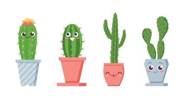 mignonne cactus avec visages. succulent pot les plantes personnages avec positif émotions. souriant tropical cactus avec les épines vecteur