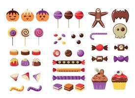 Halloween desserts. coloré tour ou traiter bonbons pour enfants, dessin animé bonbons bar décoré avec effrayant éléments pour traditionnel octobre faire la fête. vecteur ensemble