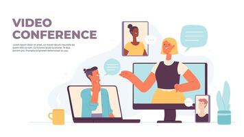 vidéo conférence. virtuel appel avec gens bavarder sur ordinateur, téléphone intelligent, tablette et portable filtrer. gadgets pour en ligne réunion vecteur concept