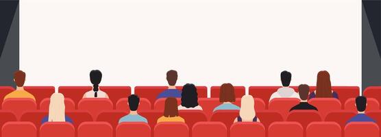 gens dans cinéma de dos. film théâtre public en train de regarder film. Hommes et femmes Publique à la recherche à écran dans salle avec chaises, vecteur concept