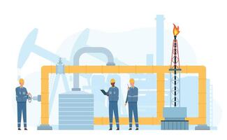 ingénieurs réparation et un service pétrole ou gaz transport pipeline. essence industrie ouvriers vérifier soupape. métal tuyaux entretien vecteur concept