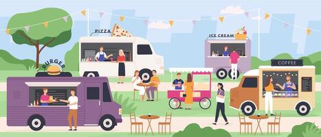 rue nourriture festival. gens manger à été Extérieur un camion juste avec vite nourriture, Pizza et la glace crème van, pop corn Chariot. plat vecteur parc un événement