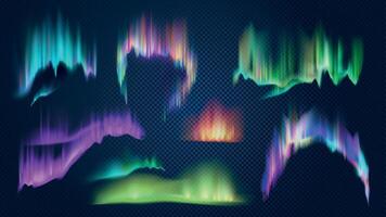 réaliste aurore borealis nord lumières dans nuit ciel. polaire embrasé Naturel effet. brillant antarctique coloré 3d lumière vagues vecteur ensemble