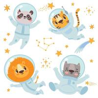 animaux astronautes, Panda et lion, chat et tigre vecteur