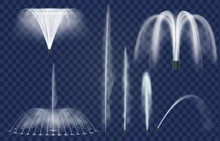 Fontaine jets. réaliste l'eau éclaboussures, incurvé Vaporisateurs et geysers. fontaines Cascade et combinaison. l'eau décoration pour parc vecteur ensemble