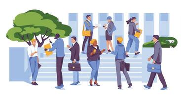 une foule de différent avocats ou affaires gens sur le pas de une entreprise bâtiment ou tribunal. variété. la communication et entreprise culture et service. concept. vecteur plat illustration