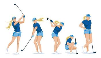 le golf des sports femme posant sur blanc Contexte. des sports mode de vie, loisirs et professionnel activités. vecteur plat illustration
