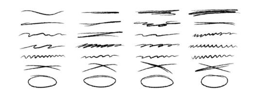 une ensemble de main caractères avec une brosse, soulignant, barré lignes et ovales . fleuri tourbillonne, décoratif diviseurs. souligner accident vasculaire cérébral. crayon ou stylo tiré lignes. vecteur collection de conception éléments.