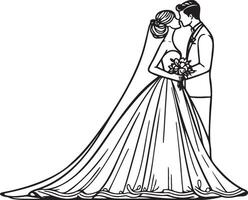 jeune marié et la mariée mariage ligne dessin. vecteur
