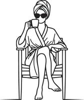 femme enveloppé serviette sur tête boisson café. salon. vecteur