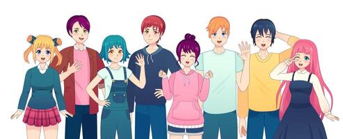 groupe de anime personnages. Jeune manga les filles et garçons copains dans Japonais bande dessinée style. souriant coréen Masculin et femelle élèves vecteur ensemble