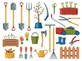 jardinage équipement. abstrait dessin animé jardin outils avec fourche bêche arrosage pouvez truelle gants pelle râteau, agriculture agriculture symboles. vecteur ensemble