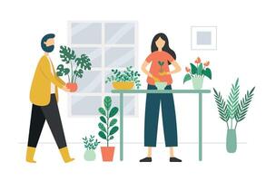 gens jardinage. femme dans gants replantation germer dans Nouveau pot de fleur. homme porter plante. personnages prise se soucier de plante d'appartement vecteur