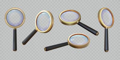 réaliste 3d grossissant verre Haut et angle voir. loupe avec transparent lentille. amplifier lupa, Zoom équipement. chercher concept vecteur ensemble