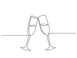 un ligne Champagne griller. continu linéaire couple du vin des lunettes choquer. mariage fête à votre santé. minimaliste Nouveau année fête vecteur concept