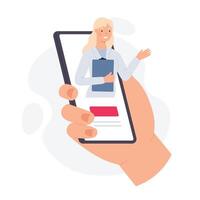 téléphone intelligent avec en ligne médecin. main tenir téléphone avec virtuel femme médical sur filtrer. médical mobile app pour santé consultation vecteur concept