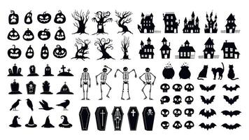 horreur silhouettes. effrayant Halloween décor crânes et squelettes, sorcière Chapeaux, noir chats, corbeaux et cimetière cercueils. effrayant maison vecteur ensemble