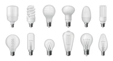 réaliste lumière ampoule. différent les types de énergie efficace, fluorescent, halogène, incandescent et LED ampoules symboles, idée concept. vecteur 3d isolé ensemble