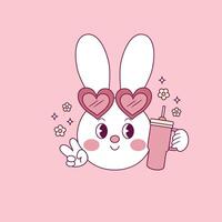 mignonne rétro illustration de lapin portant cœur des lunettes et en portant une tasse vecteur