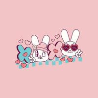 mignonne rétro illustration de Pâques lapins de l'amour et paix vecteur