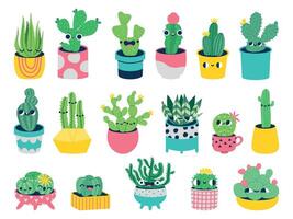 cactus avec visages. mignonne dessin animé personnages dans des pots avec marrant visages, smiley mascotte les plantes pour des gamins illustration. vecteur ensemble