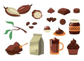 dessin animé cacao. marron des haricots pour cacao Lait foncé Chocolat boisson bonbons, sucré produit pour dessert boisson produits de beauté. vecteur isolé ensemble