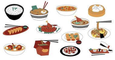 épicé est aliments. griffonnage asiatique chinois Japonais et coréen traditionnel repas avec riz Fruit de mer épices et sauces, Sushi et soupe avec nouilles dans boules. vecteur ensemble