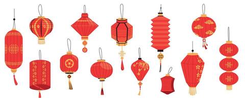 asiatique lanterne. chinois Japonais coréen Festival lumières, Oriental papier les lampes pour traditionnel quartier chinois vacances fête dessin animé plat style. vecteur isolé ensemble