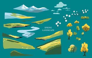 printemps paysage élément ensemble avec Montagne et arbre modifiable vecteur illustration pour graphique conception