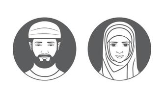 arabe gens avatar Icônes. musulman homme et femme dans traditionnel coiffure. utilisateur profil signe. vecteur illustration