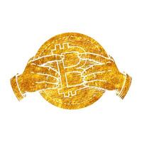 main en portant bitcoin pièce de monnaie dans or déjouer texture vecteur illustration