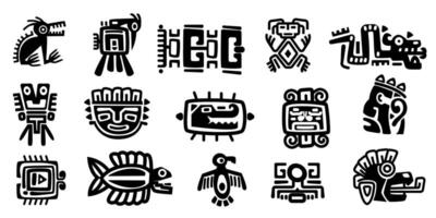 mexicain dieux symboles. abstrait aztèque animal oiseau totem idoles, ancien inca Maya civilisation primitif traditionnel panneaux. vecteur collection