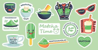 dessin animé kawaii matcha. marrant griffonnage vert thé personnages, mignonne autocollants avec visages traditionnel asiatique Naturel boisson désintoxication aliments. vecteur plat ensemble