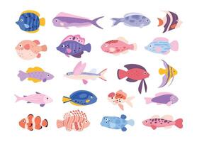 dessin animé mignonne tropical océan exotique aquarium des poissons. poissons rouges, tétra, barbillon, poisson ange et poisson-lion. petit eau fraiche poisson animaux domestiques vecteur ensemble