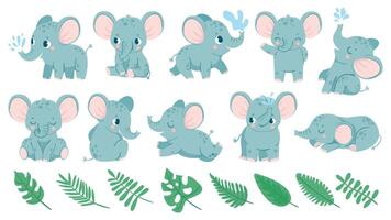 bébé éléphants. mignonne dessin animé animal et tropical feuilles. bébé douche l'éléphant dort, est assis et Est-ce que l'eau jet. garderie décoration vecteur ensemble