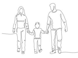 continu ligne famille. content mère, père et enfant marche. linéaire silhouette de couple avec enfant. famille protéger contour vecteur concept