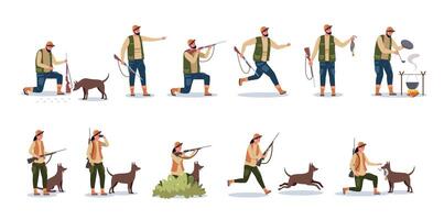 chasseur personnage. dessin animé la personne avec chasse chien montrer du doigt arme, chasseur Masculin et femelle dans camouflage vêtements avec chien dans forêt. vecteur ensemble