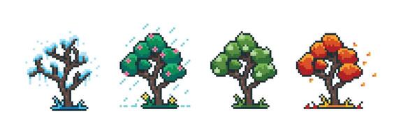 saison pixel arbre. 8 bit printemps été l'automne et hiver dessin animé arbre pour rétro vidéo jeu. vecteur vert et blanc jardin plante