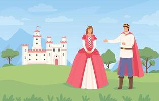 paysage avec prince et princesse. dessin animé Conte de fée Château et personnages. fantaisie magique Royaume, médiéval européen vecteur Contexte