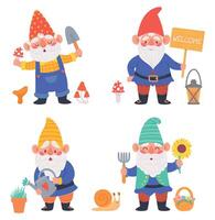 dessin animé gnome personnages. mignonne nains en portant jardinage outil comme arrosage pouvez et creusement pelle. adorable personnages vecteur