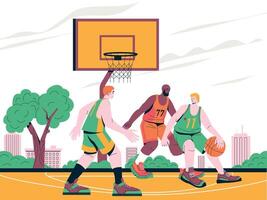 basketball rencontre illustration. dessin animé joueurs en jouant Balle sur Extérieur tribunal avec panier, sport Activités concept avec paysage urbain paysage. vecteur Contexte