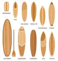 en bois planche de surf tailles et les types, bodyboard, longboards et planches courtes. dessin animé le surf planches formes conception, funboard et hybride vecteur ensemble