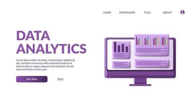stats tableau de bord d'analyse de données volumineuses et rapport de finance d'entreprise investissement ou concept de référencement de site Web avec moniteur d'ordinateur mignon 3d vecteur