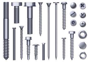 réaliste métal boulons, acier des noisettes, rivets et des vis. inoxydable construction Matériel Haut et côté voir. chrome boulon et épingle tête vecteur ensemble