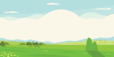 été Prairie Contexte. ferme panorama avec rural fleurs, campagne paysage avec des arbres et herbe, nuage Bunner pour texte. vecteur illustration
