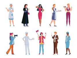 femmes personnages dans profession uniforme, juge, chef et professeur. plat femelle ouvriers, guide, modèle et infirmière. femme emploi carrière vecteur ensemble