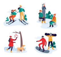 hiver actif des loisirs. couple ski, planche a neige. copains pêche sur congelé l'eau. femme en marchant avec chien vecteur